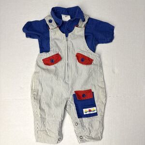 Vintage Happy Kids Gray Stipe Bib Overalls & Button Blue Shirt Size 3-6 Months